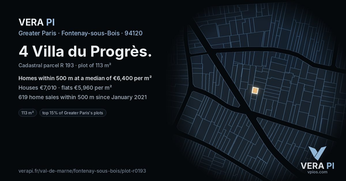 4 Villa du Progrès, Fontenay-sous-Bois at night – the plot lit, the parcels around coloured by the prices near them