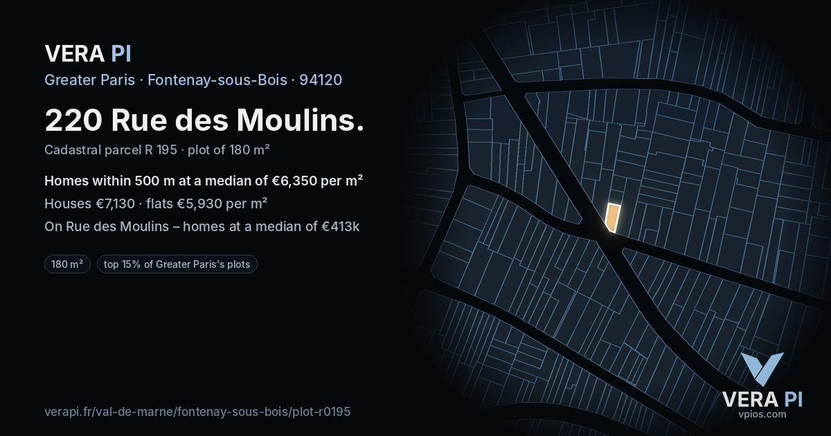 220 Rue des Moulins, Fontenay-sous-Bois at night – the plot lit, the parcels around coloured by the prices near them