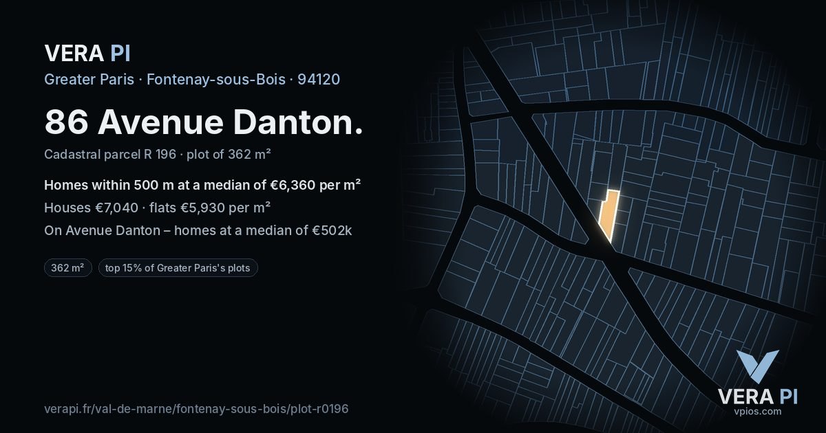 86 Avenue Danton, Fontenay-sous-Bois at night – the plot lit, the parcels around coloured by the prices near them