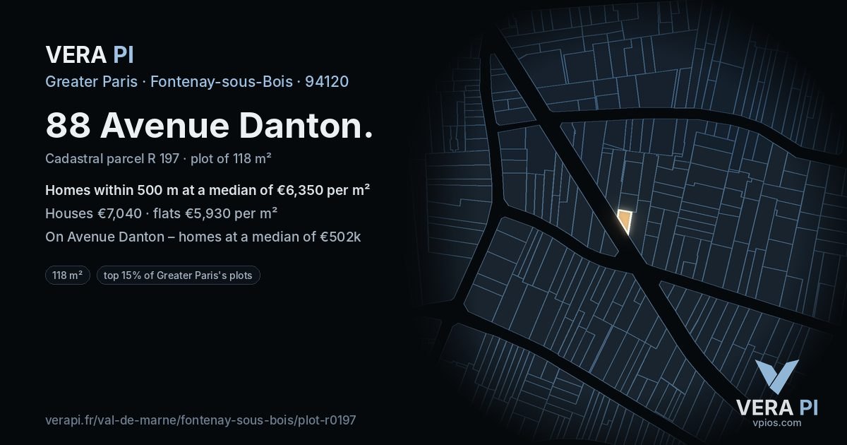 88 Avenue Danton, Fontenay-sous-Bois at night – the plot lit, the parcels around coloured by the prices near them