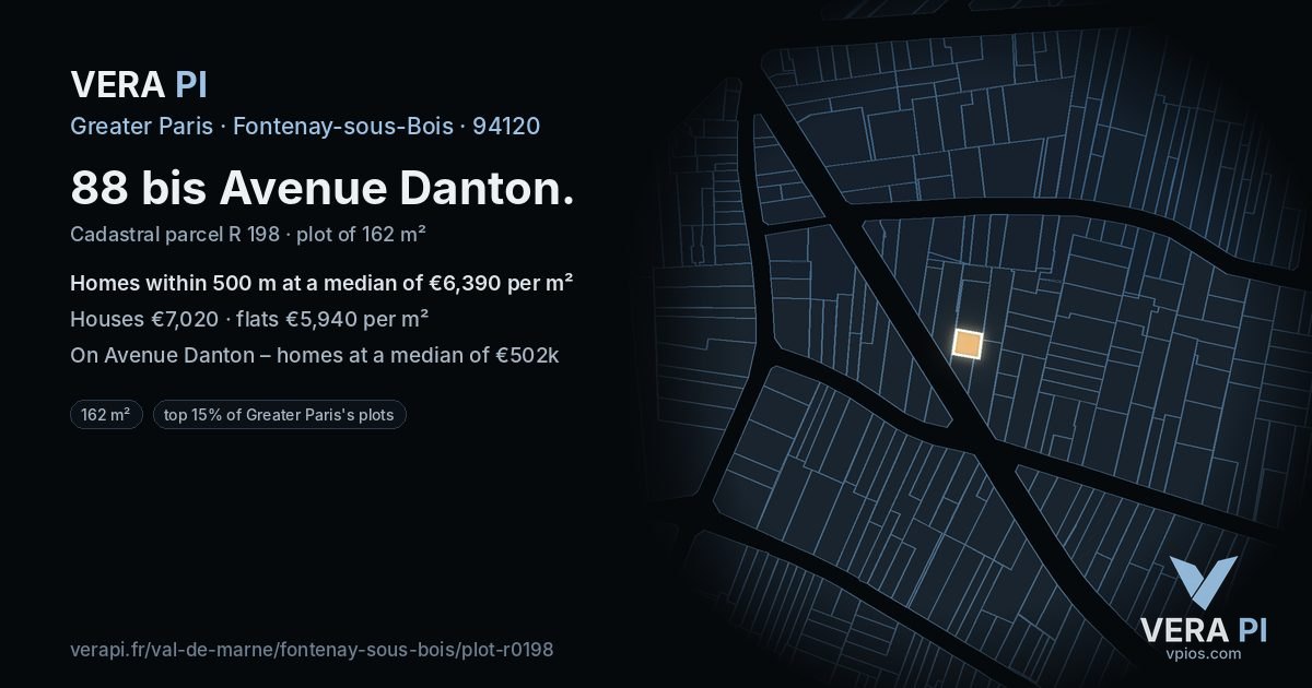 88 bis Avenue Danton, Fontenay-sous-Bois at night – the plot lit, the parcels around coloured by the prices near them