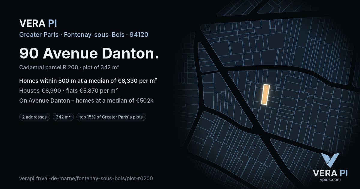 90 Avenue Danton, Fontenay-sous-Bois at night – the plot lit, the parcels around coloured by the prices near them