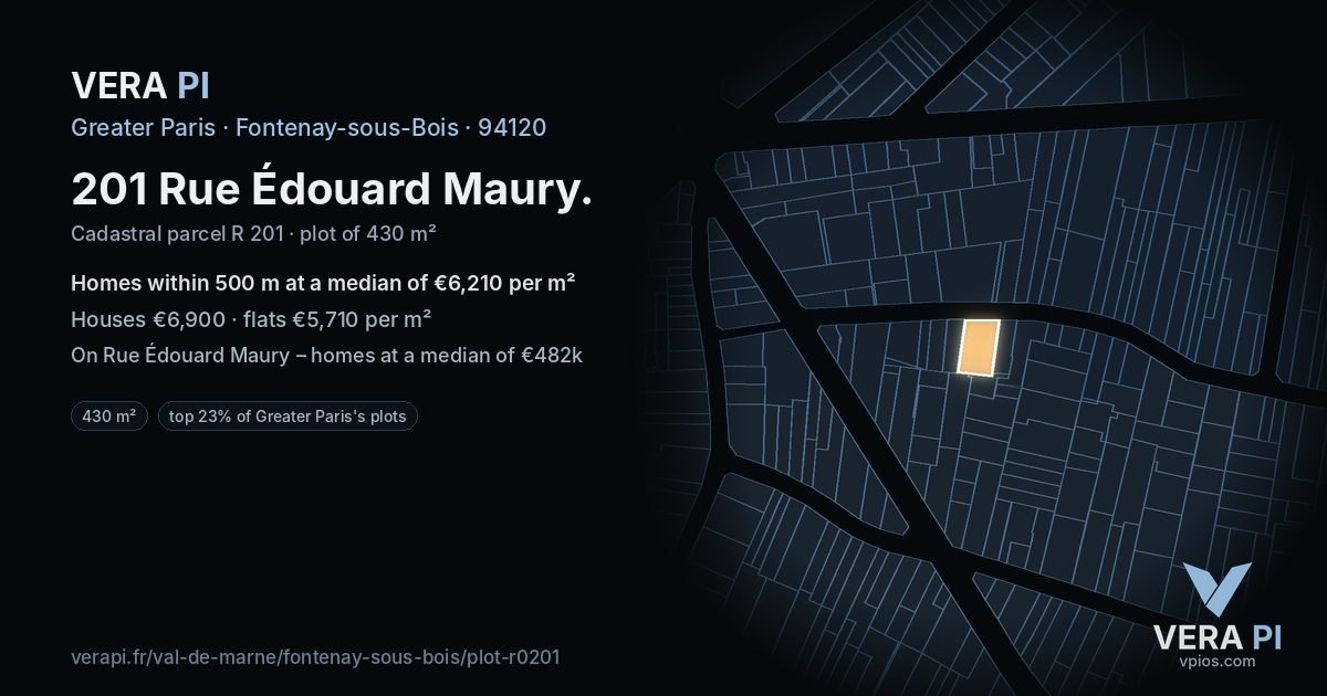 201 Rue Édouard Maury, Fontenay-sous-Bois at night – the plot lit, the parcels around coloured by the prices near them