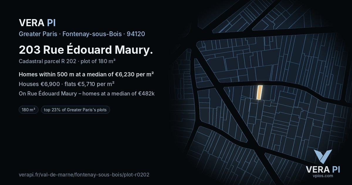 203 Rue Édouard Maury, Fontenay-sous-Bois at night – the plot lit, the parcels around coloured by the prices near them