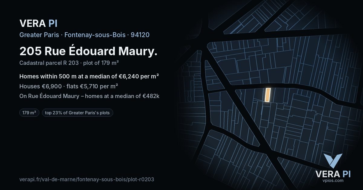 205 Rue Édouard Maury, Fontenay-sous-Bois at night – the plot lit, the parcels around coloured by the prices near them