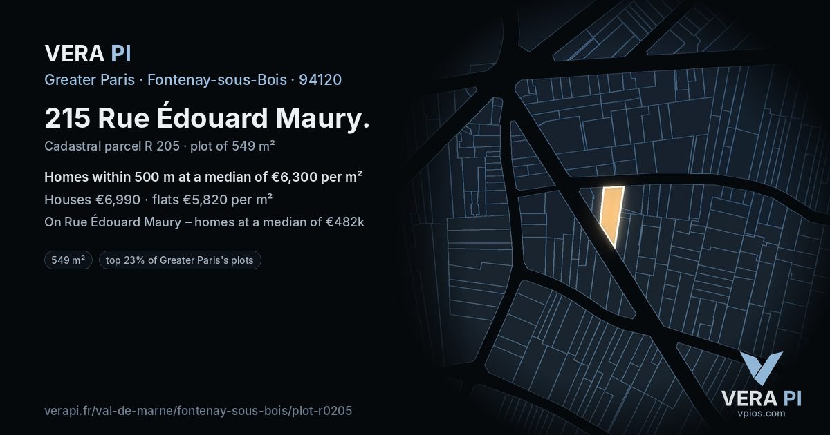 215 Rue Édouard Maury, Fontenay-sous-Bois at night – the plot lit, the parcels around coloured by the prices near them
