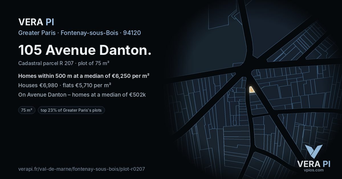 105 Avenue Danton, Fontenay-sous-Bois at night – the plot lit, the parcels around coloured by the prices near them