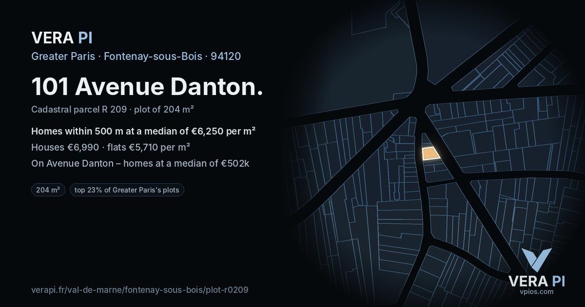 101 Avenue Danton, Fontenay-sous-Bois at night – the plot lit, the parcels around coloured by the prices near them