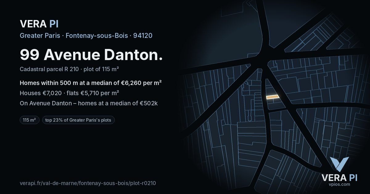 99 Avenue Danton, Fontenay-sous-Bois at night – the plot lit, the parcels around coloured by the prices near them