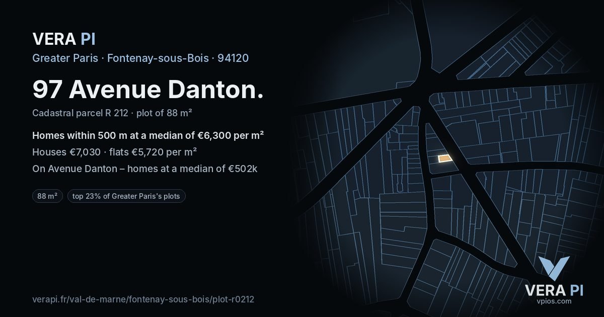 97 Avenue Danton, Fontenay-sous-Bois at night – the plot lit, the parcels around coloured by the prices near them
