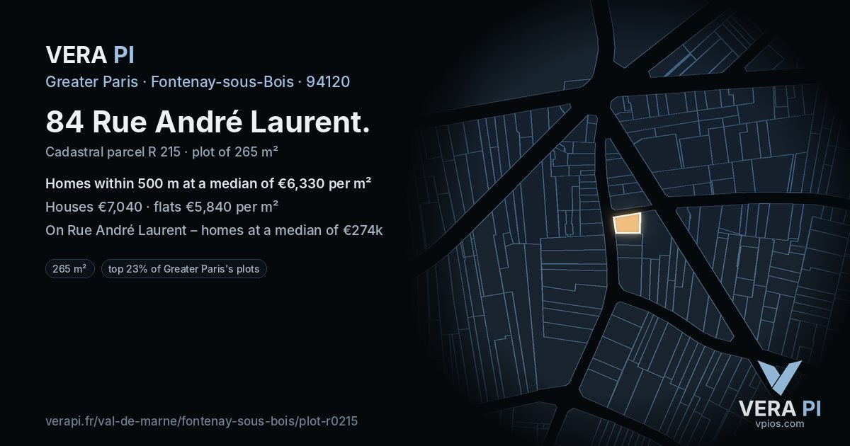 84 Rue André Laurent, Fontenay-sous-Bois at night – the plot lit, the parcels around coloured by the prices near them