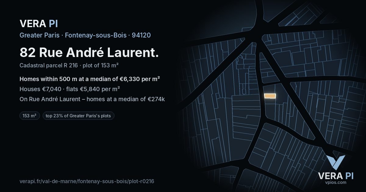 82 Rue André Laurent, Fontenay-sous-Bois at night – the plot lit, the parcels around coloured by the prices near them