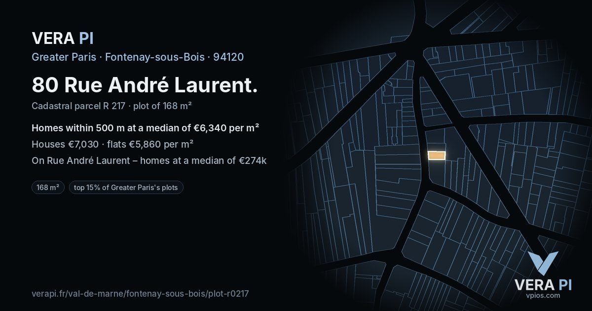 80 Rue André Laurent, Fontenay-sous-Bois at night – the plot lit, the parcels around coloured by the prices near them
