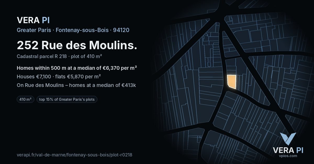 252 Rue des Moulins, Fontenay-sous-Bois at night – the plot lit, the parcels around coloured by the prices near them
