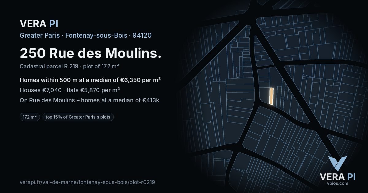 250 Rue des Moulins, Fontenay-sous-Bois at night – the plot lit, the parcels around coloured by the prices near them