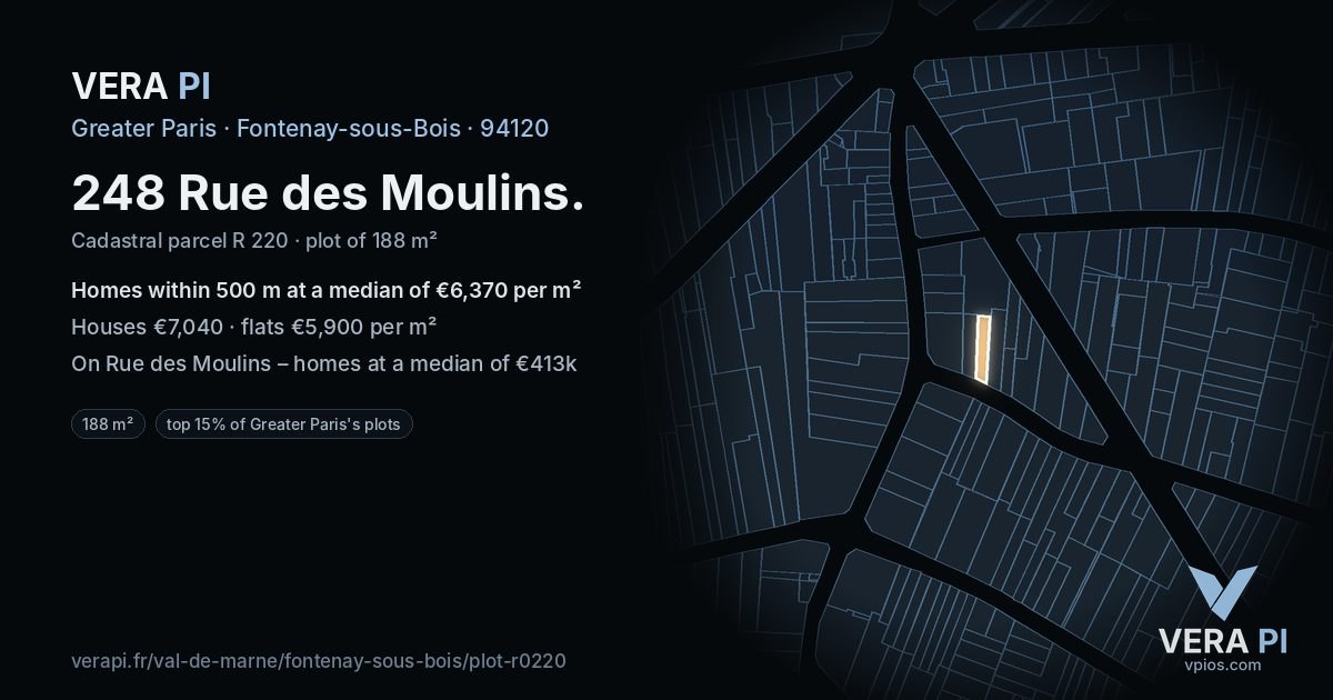248 Rue des Moulins, Fontenay-sous-Bois at night – the plot lit, the parcels around coloured by the prices near them