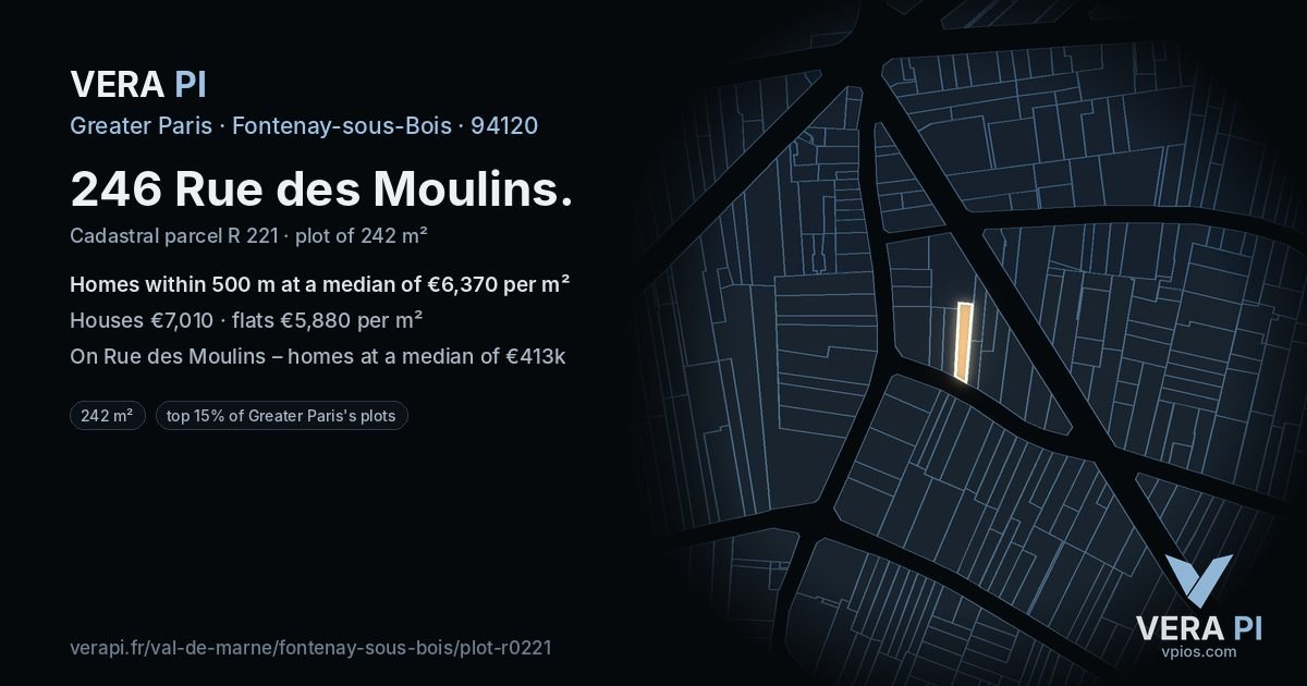 246 Rue des Moulins, Fontenay-sous-Bois at night – the plot lit, the parcels around coloured by the prices near them