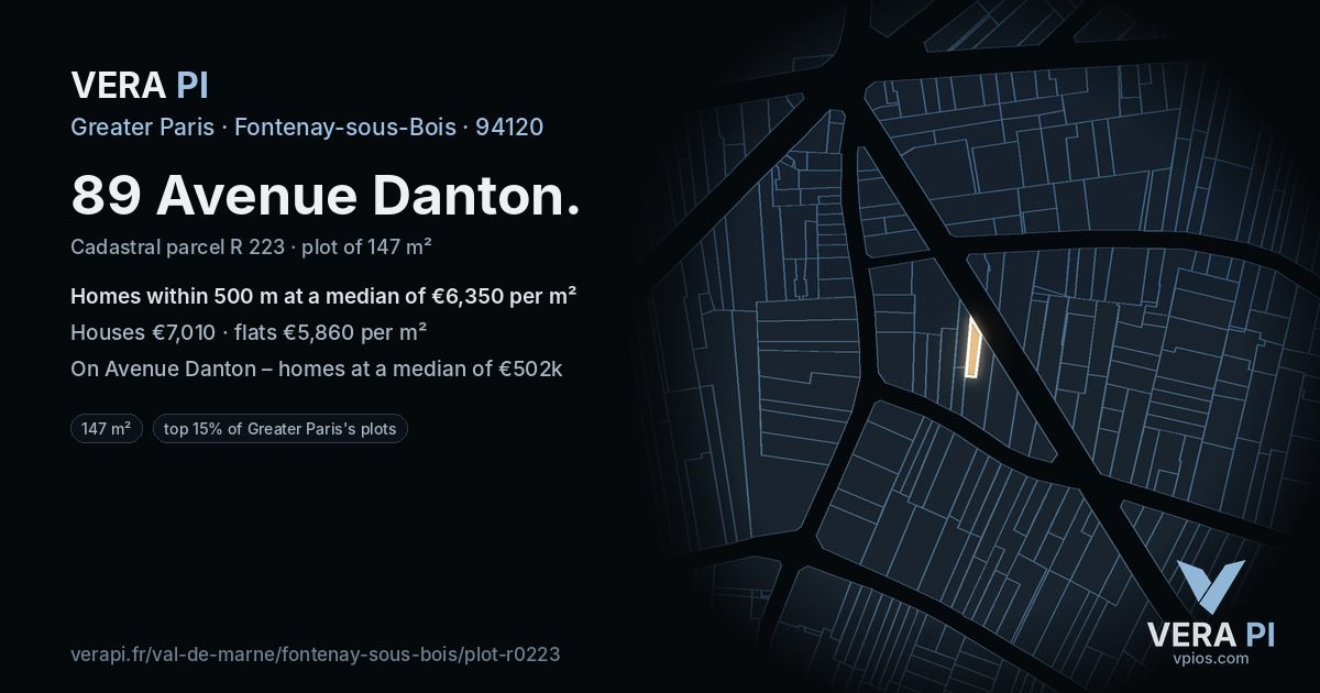 89 Avenue Danton, Fontenay-sous-Bois at night – the plot lit, the parcels around coloured by the prices near them