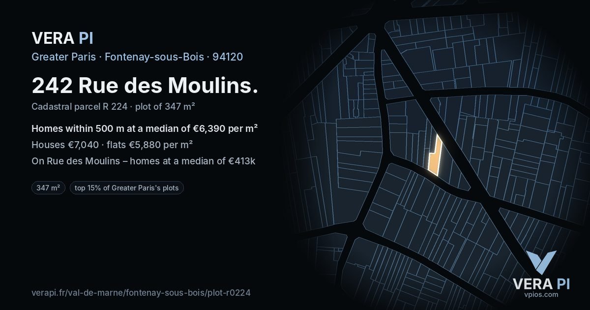 242 Rue des Moulins, Fontenay-sous-Bois at night – the plot lit, the parcels around coloured by the prices near them