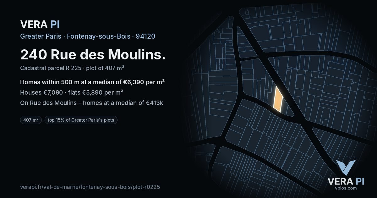 240 Rue des Moulins, Fontenay-sous-Bois at night – the plot lit, the parcels around coloured by the prices near them