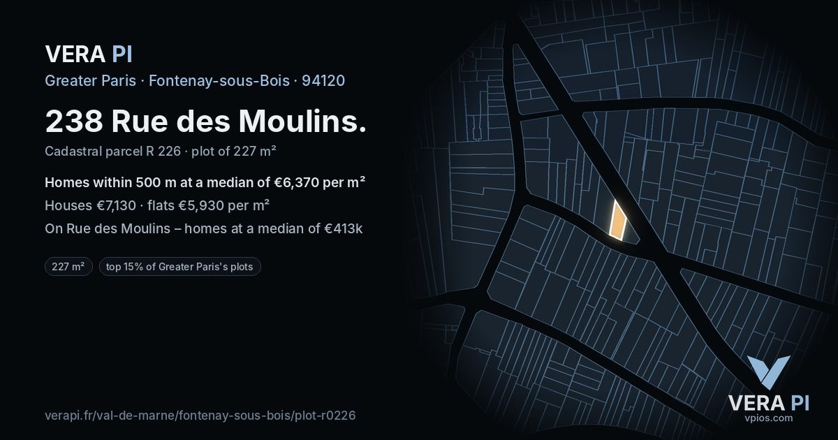 238 Rue des Moulins, Fontenay-sous-Bois at night – the plot lit, the parcels around coloured by the prices near them
