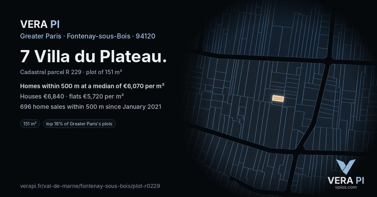 7 Villa du Plateau, Fontenay-sous-Bois at night – the plot lit, the parcels around coloured by the prices near them