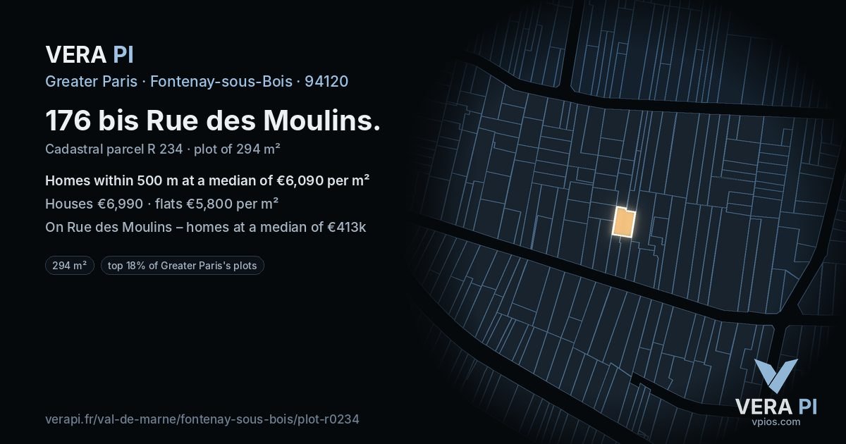 176 bis Rue des Moulins, Fontenay-sous-Bois at night – the plot lit, the parcels around coloured by the prices near them