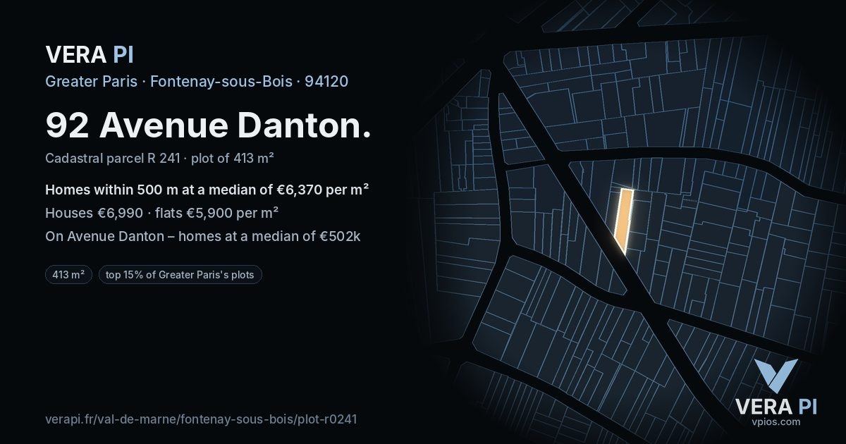 92 Avenue Danton, Fontenay-sous-Bois at night – the plot lit, the parcels around coloured by the prices near them