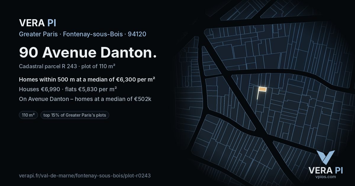 90 Avenue Danton, Fontenay-sous-Bois at night – the plot lit, the parcels around coloured by the prices near them