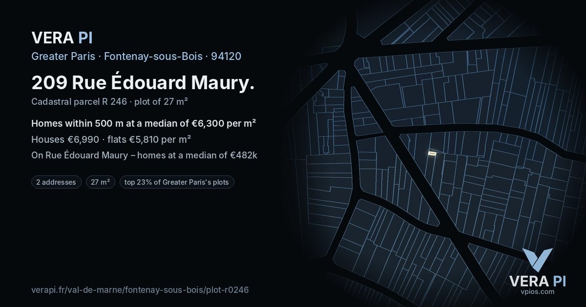 209 Rue Édouard Maury, Fontenay-sous-Bois at night – the plot lit, the parcels around coloured by the prices near them