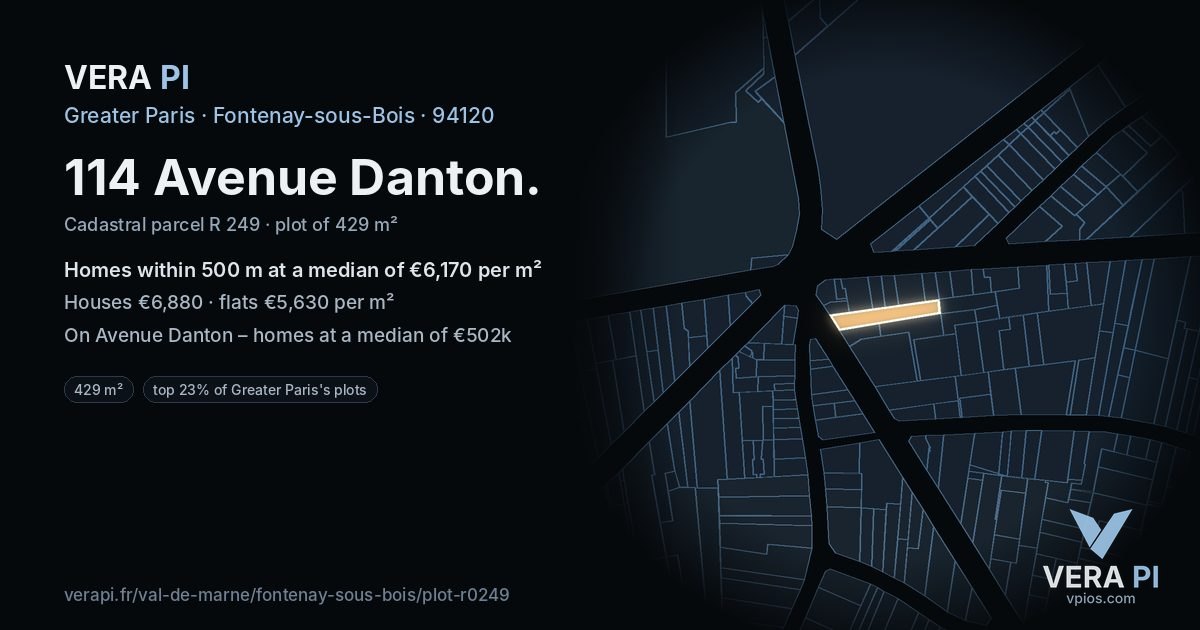 114 Avenue Danton, Fontenay-sous-Bois at night – the plot lit, the parcels around coloured by the prices near them