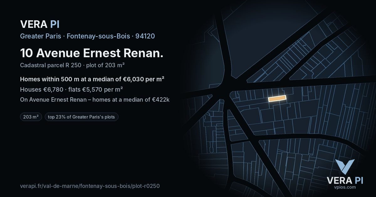 10 Avenue Ernest Renan, Fontenay-sous-Bois at night – the plot lit, the parcels around coloured by the prices near them
