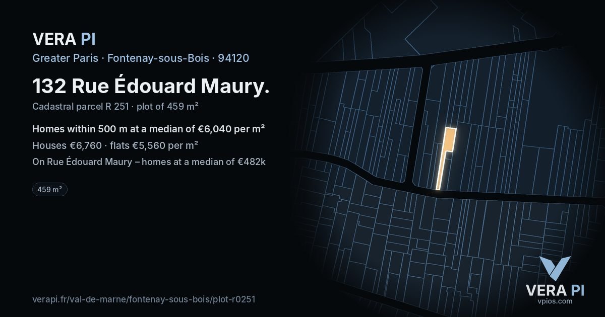 132 Rue Édouard Maury, Fontenay-sous-Bois at night – the plot lit, the parcels around coloured by the prices near them