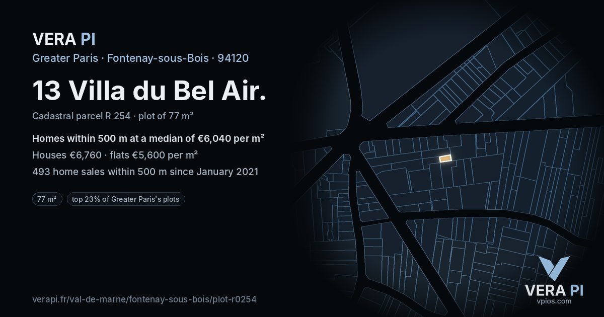 13 Villa du Bel Air, Fontenay-sous-Bois at night – the plot lit, the parcels around coloured by the prices near them