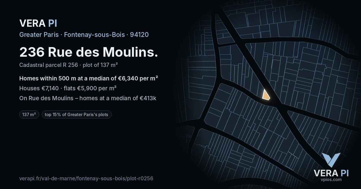 236 Rue des Moulins, Fontenay-sous-Bois at night – the plot lit, the parcels around coloured by the prices near them