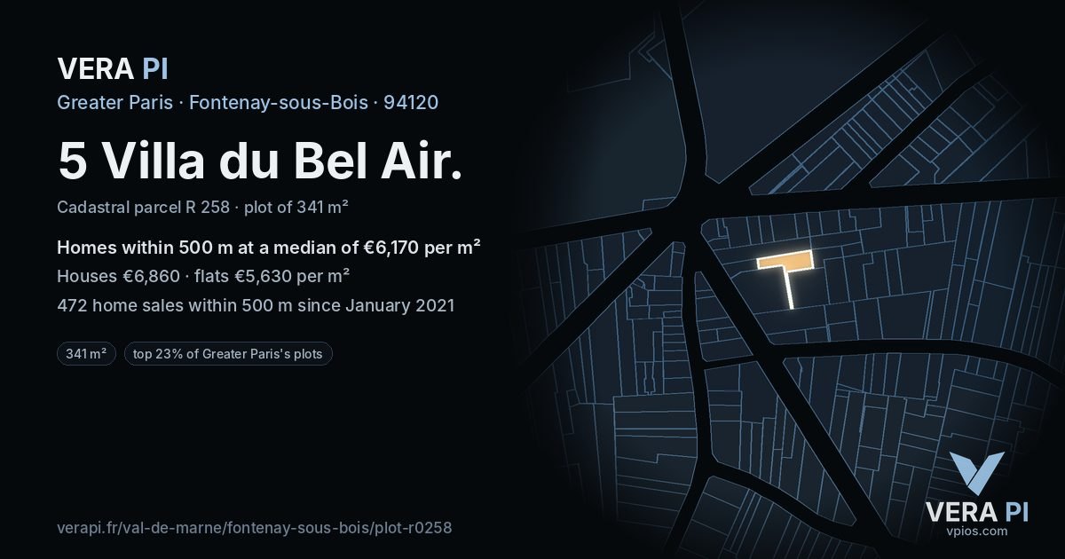 5 Villa du Bel Air, Fontenay-sous-Bois at night – the plot lit, the parcels around coloured by the prices near them