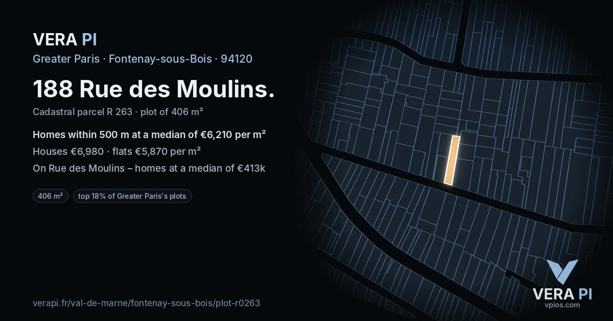 188 Rue des Moulins, Fontenay-sous-Bois at night – the plot lit, the parcels around coloured by the prices near them