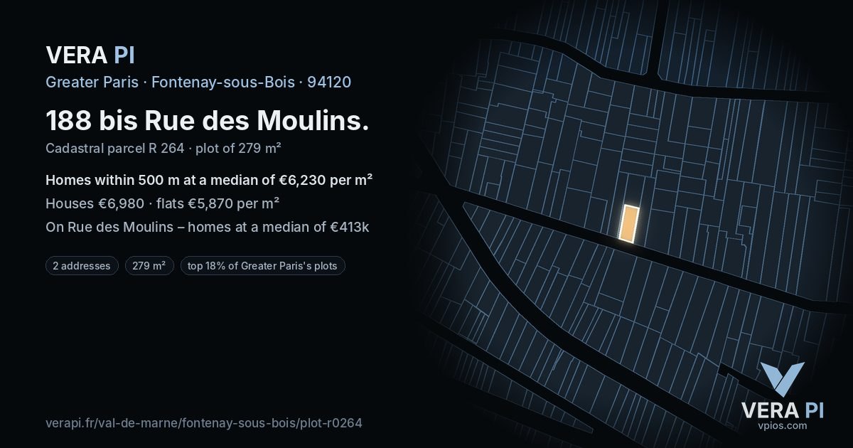 188 bis Rue des Moulins, Fontenay-sous-Bois at night – the plot lit, the parcels around coloured by the prices near them