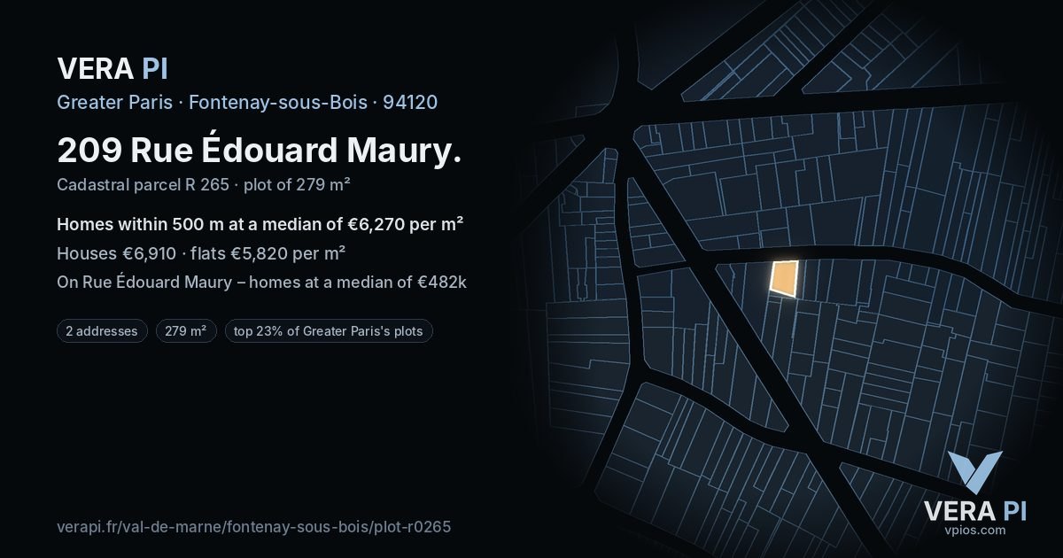 209 Rue Édouard Maury, Fontenay-sous-Bois at night – the plot lit, the parcels around coloured by the prices near them