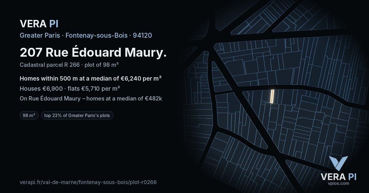 207 Rue Édouard Maury, Fontenay-sous-Bois at night – the plot lit, the parcels around coloured by the prices near them