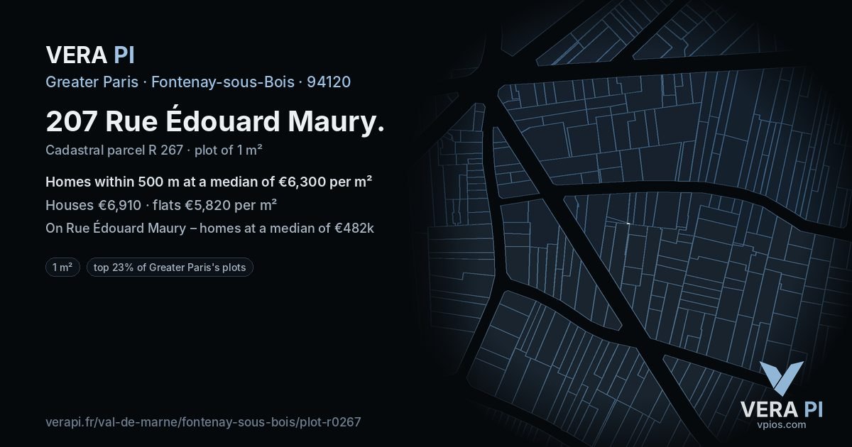 207 Rue Édouard Maury, Fontenay-sous-Bois at night – the plot lit, the parcels around coloured by the prices near them