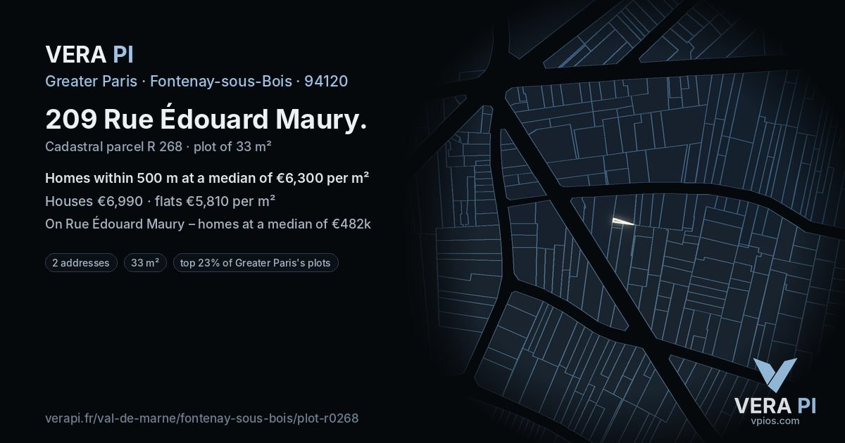 209 Rue Édouard Maury, Fontenay-sous-Bois at night – the plot lit, the parcels around coloured by the prices near them