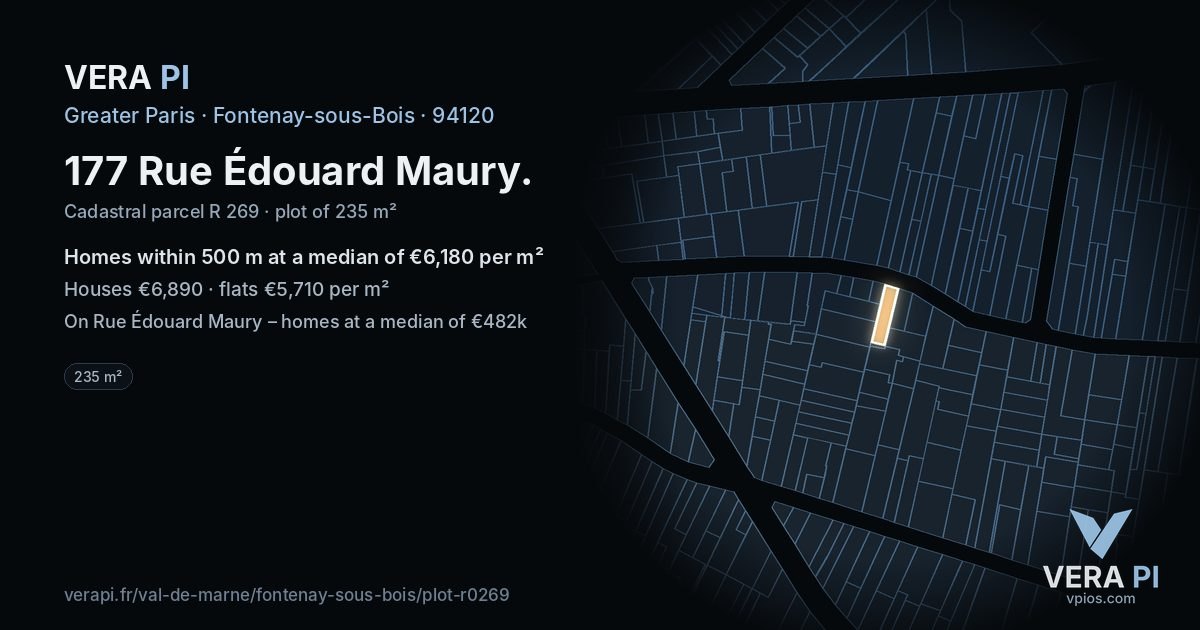 177 Rue Édouard Maury, Fontenay-sous-Bois at night – the plot lit, the parcels around coloured by the prices near them