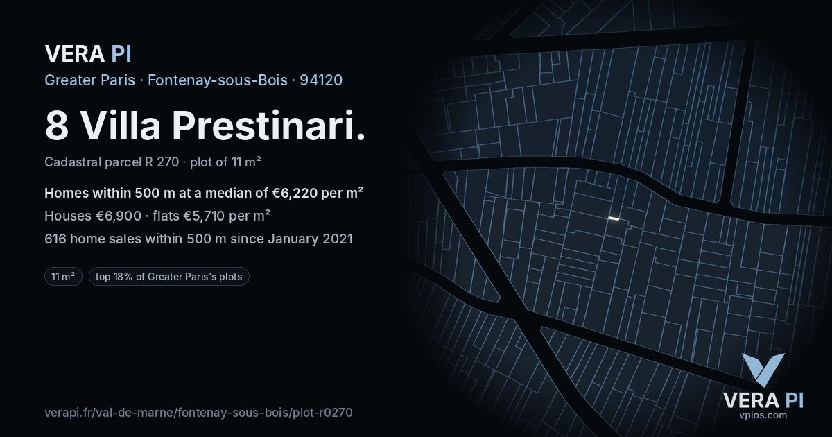 8 Villa Prestinari, Fontenay-sous-Bois at night – the plot lit, the parcels around coloured by the prices near them