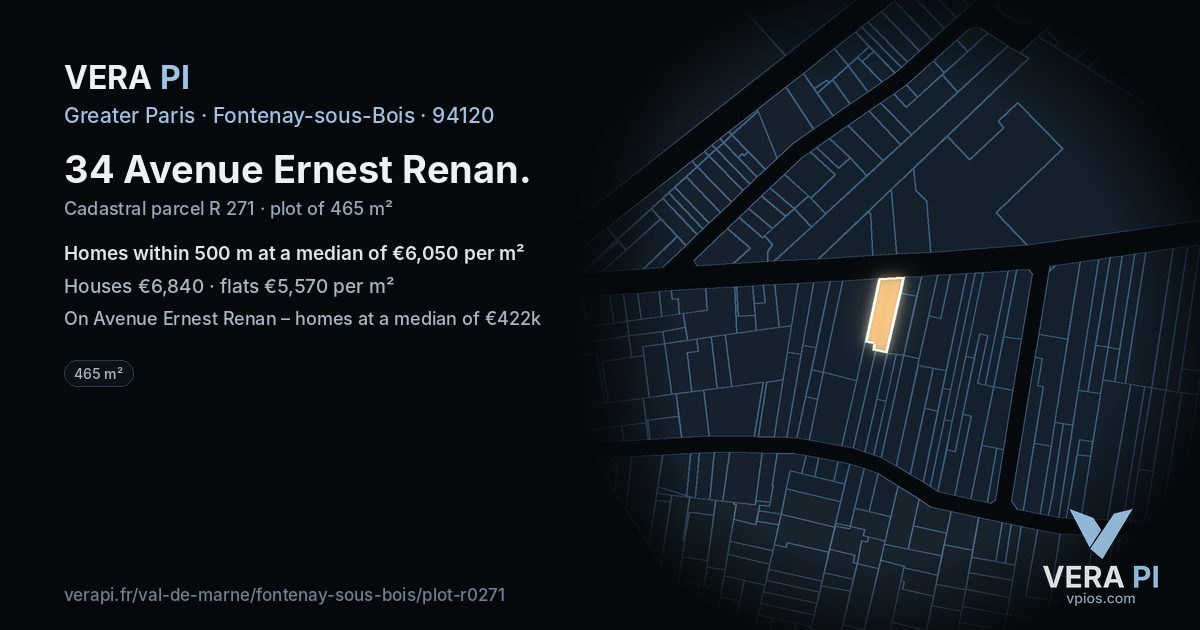 34 Avenue Ernest Renan, Fontenay-sous-Bois at night – the plot lit, the parcels around coloured by the prices near them