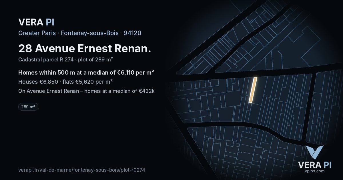 28 Avenue Ernest Renan, Fontenay-sous-Bois at night – the plot lit, the parcels around coloured by the prices near them