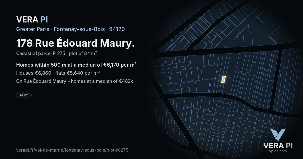 178 Rue Édouard Maury, Fontenay-sous-Bois at night – the plot lit, the parcels around coloured by the prices near them