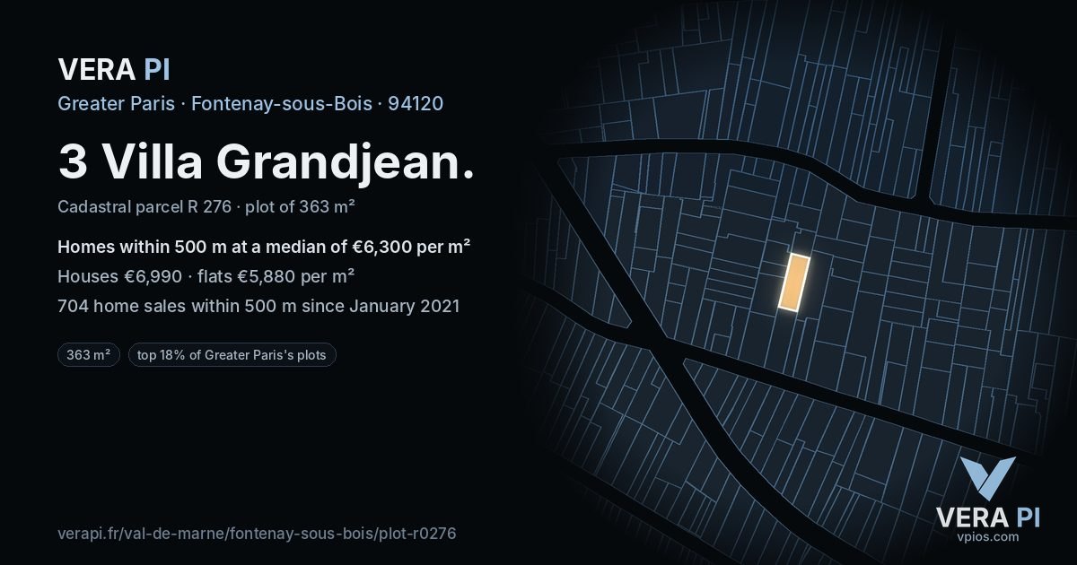 3 Villa Grandjean, Fontenay-sous-Bois at night – the plot lit, the parcels around coloured by the prices near them