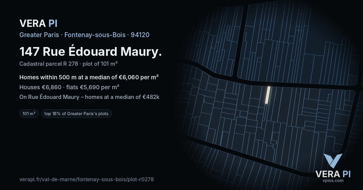 147 Rue Édouard Maury, Fontenay-sous-Bois at night – the plot lit, the parcels around coloured by the prices near them