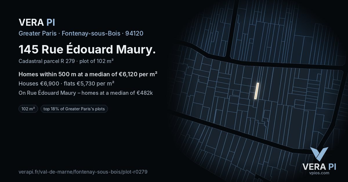 145 Rue Édouard Maury, Fontenay-sous-Bois at night – the plot lit, the parcels around coloured by the prices near them